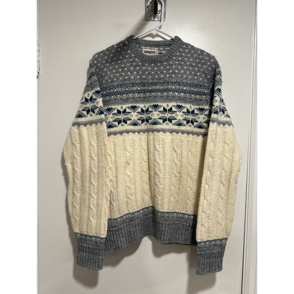 Vintage 70s Campus Sz: L Fair Isle Nordic snowflake pattern cable knit sweater